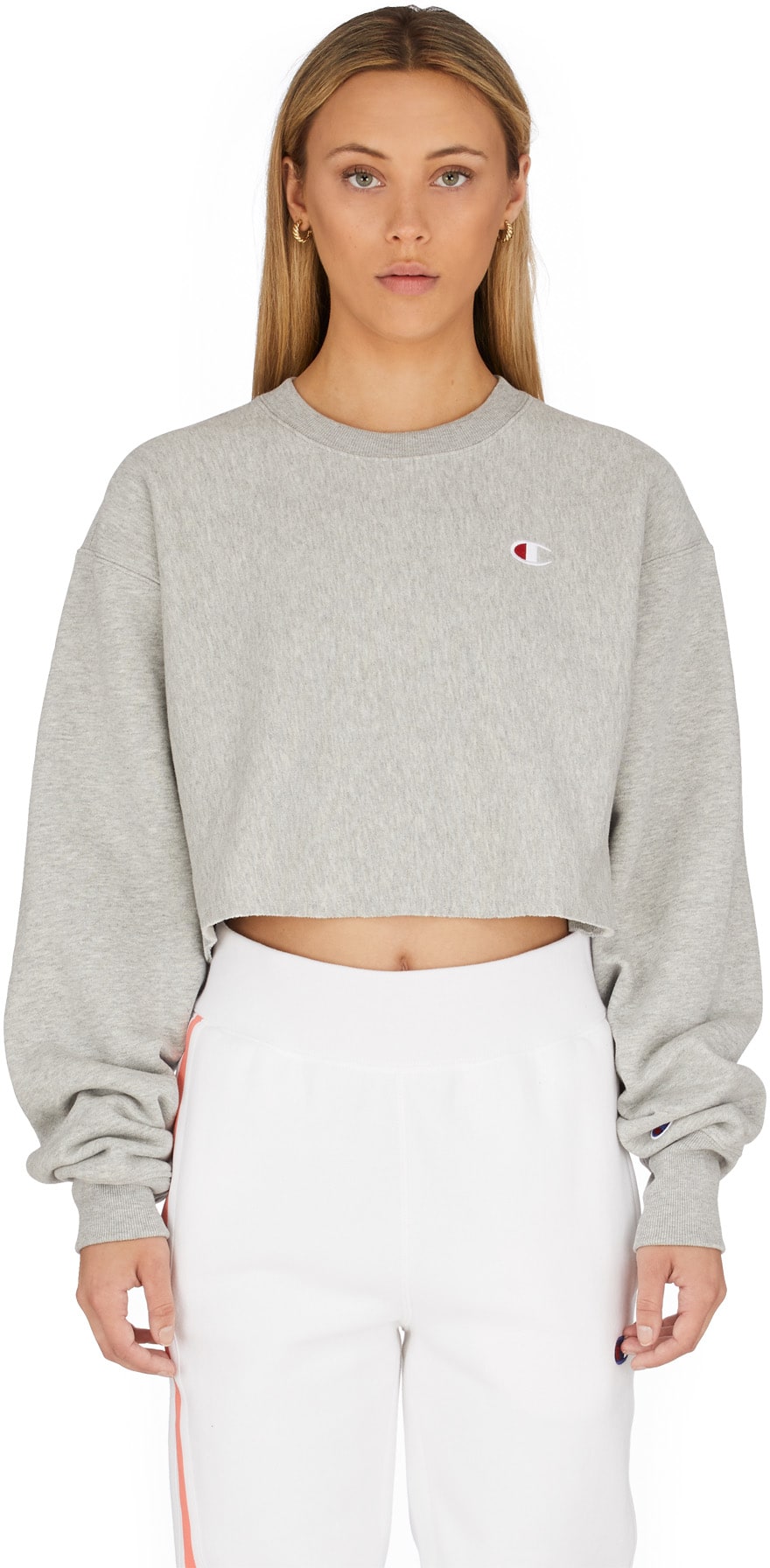 Champion: Grey Reverse Weave Crop Cut Off Crew Sweater - 1