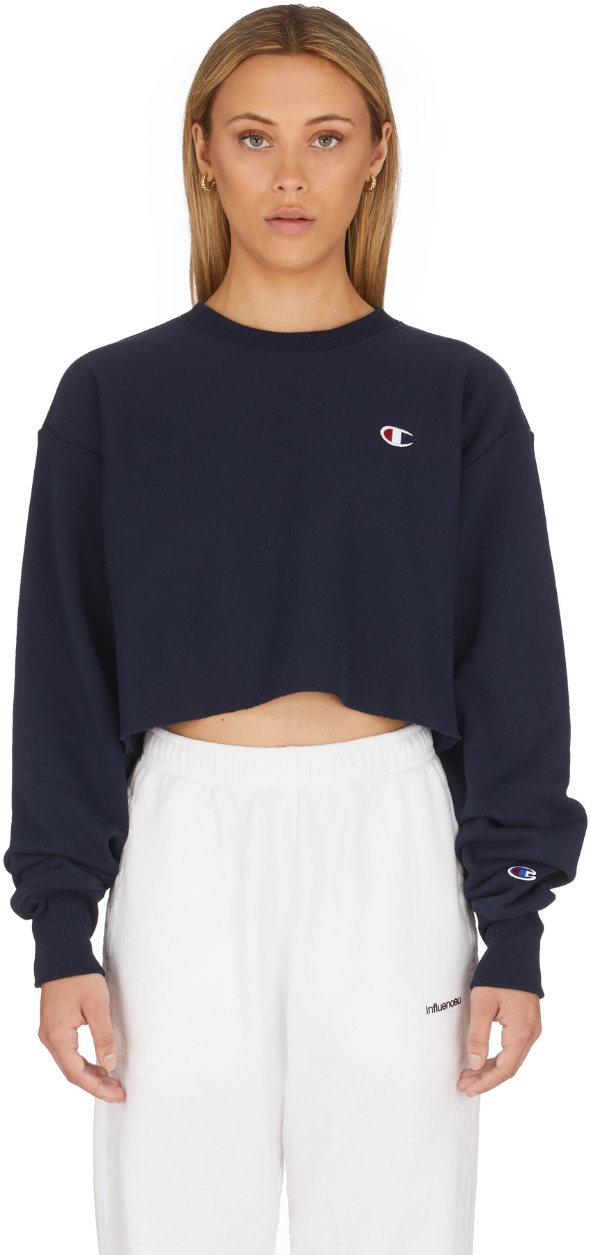 Champion: Blue Reverse Weave Crop Cut Off Crew Sweater - 1