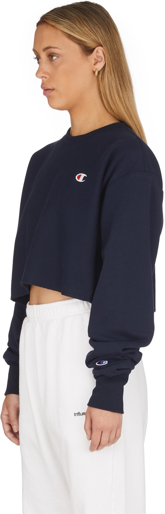 Champion: Blue Reverse Weave Crop Cut Off Crew Sweater - 2