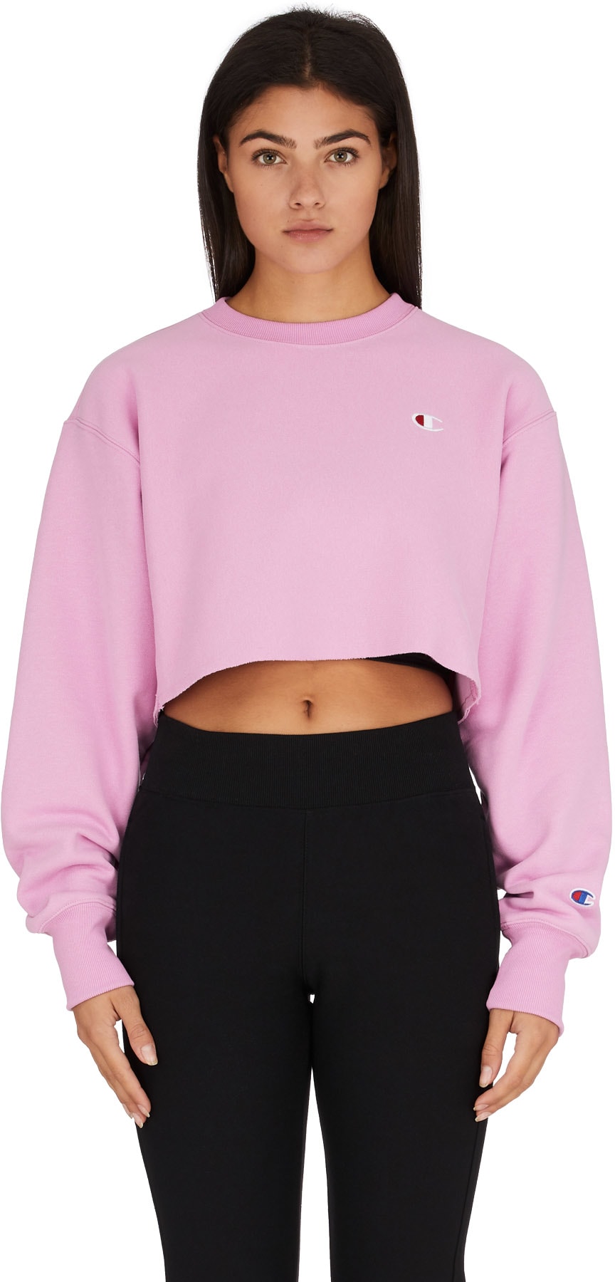 Champion: Pink Reverse Weave Crop Cut Off Crew Sweater - 1