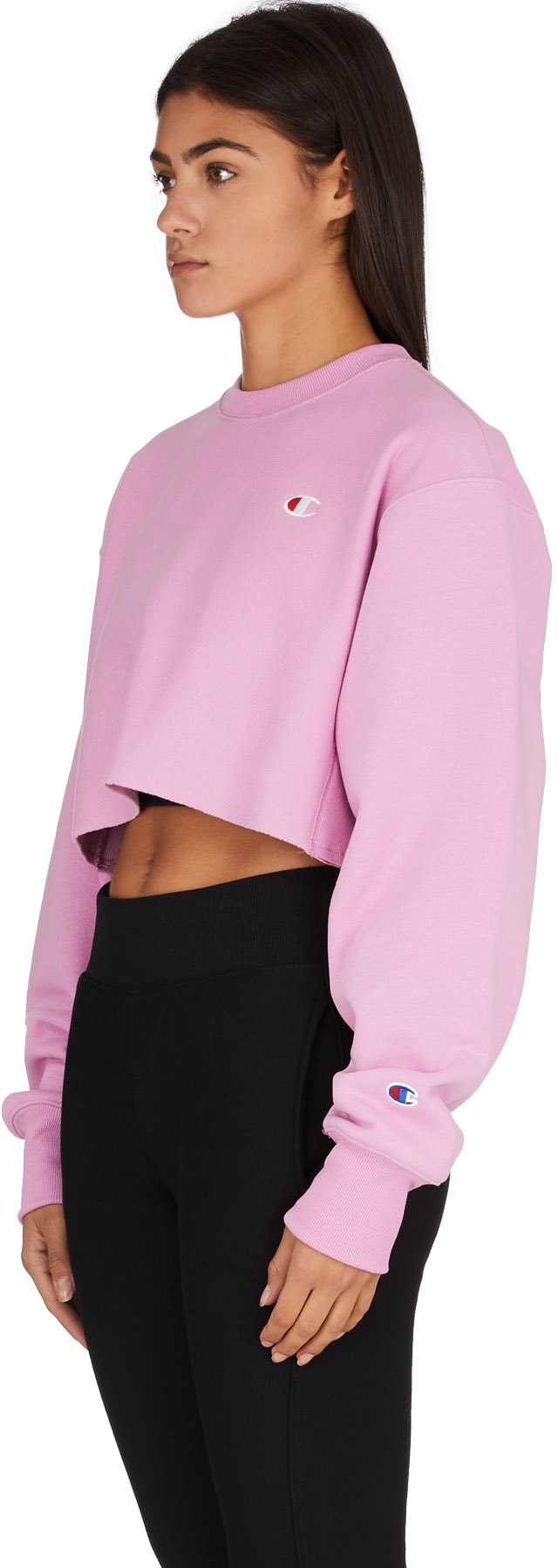 Champion: Pink Reverse Weave Crop Cut Off Crew Sweater - 2