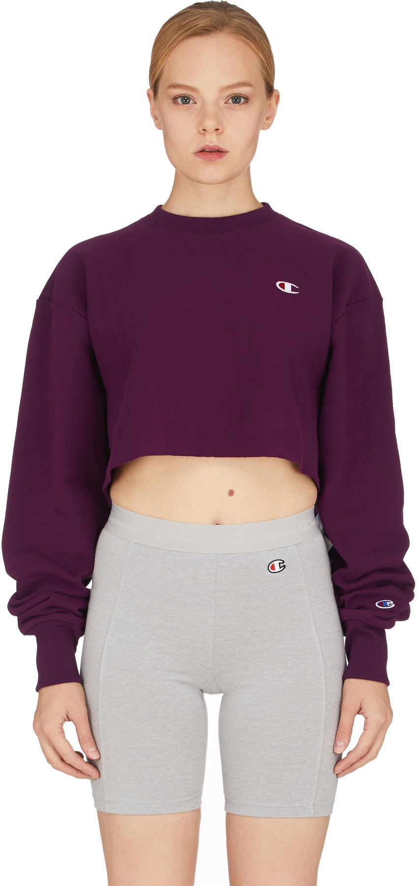 Champion: Purple Reverse Weave Crop Cut Off Crew Sweater - 1