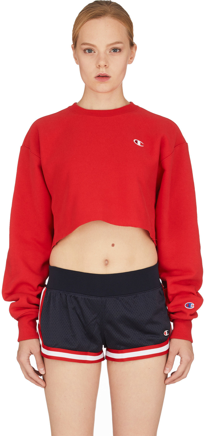 Champion: Red Reverse Weave Crop Cut Off Crew Sweater - 1