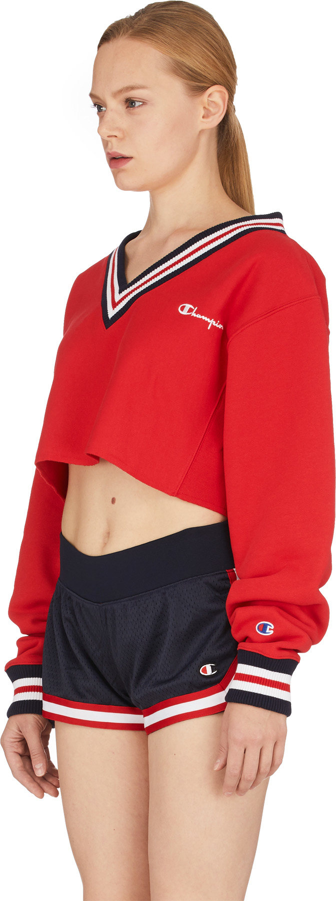 Champion: Red Reverse Weave Yarn Dyed Crop V-Neck Sweater - 2