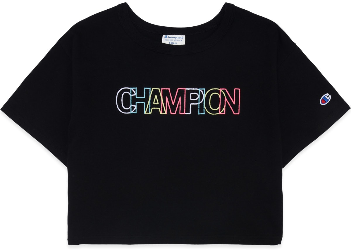 Champion: Black Heritage Rainbow Script Crop T-Shirt - 1