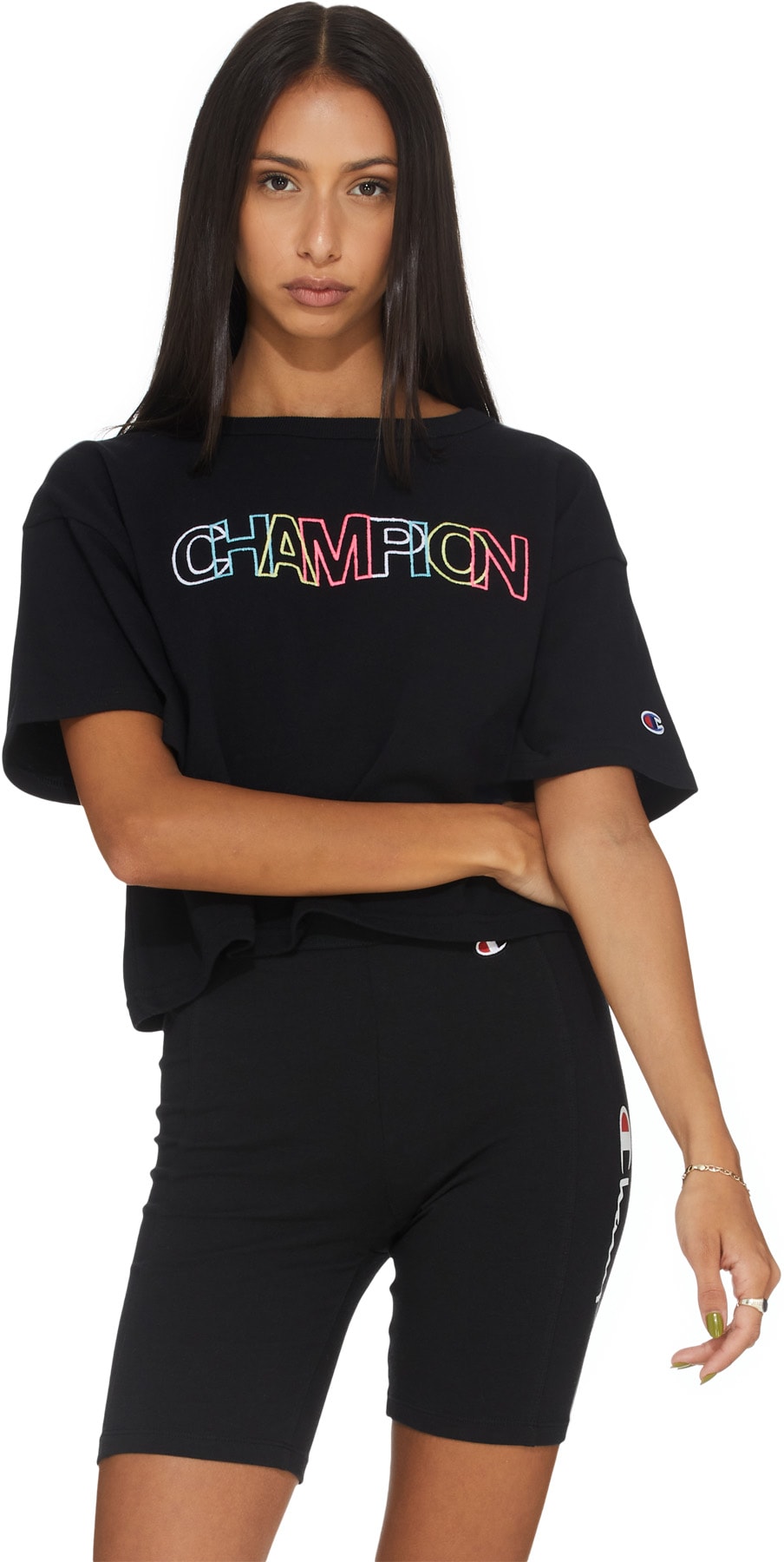Champion: Black Heritage Rainbow Script Crop T-Shirt - 3