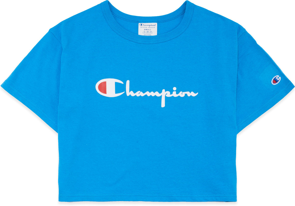 Champion: Blue Heritage Script Crop T-Shirt - 1