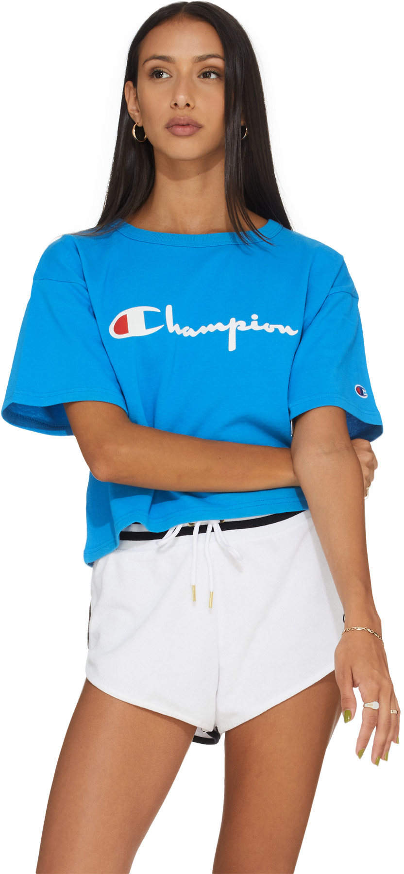 Champion: Blue Heritage Script Crop T-Shirt - 3