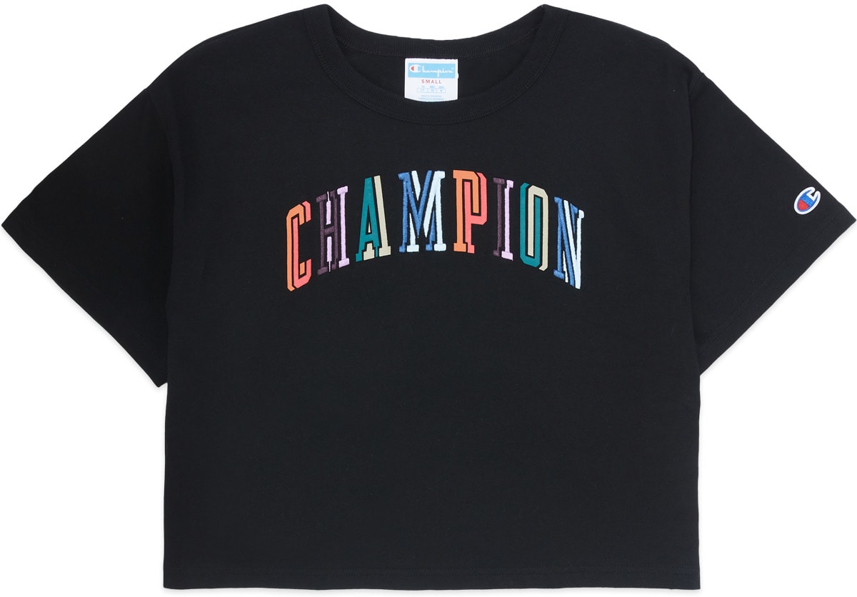 Champion: Black Heritage Script Crop T-Shirt - 1