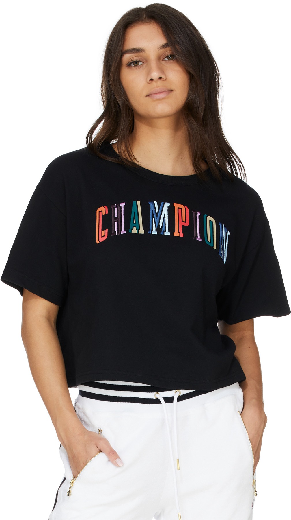 Champion: Black Heritage Script Crop T-Shirt - 3