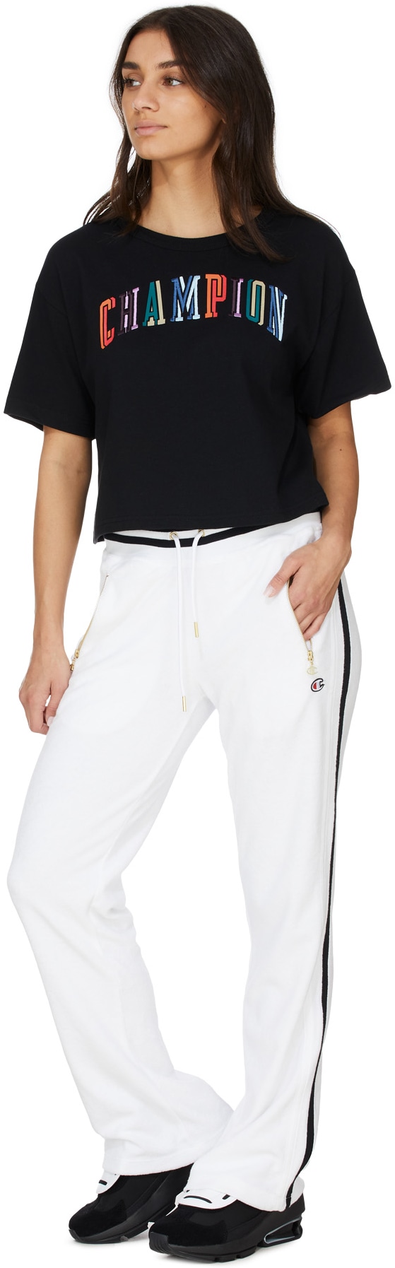 Champion: Black Heritage Script Crop T-Shirt - 4