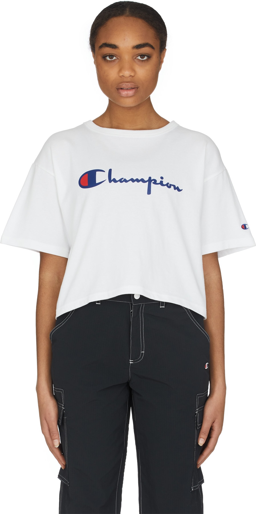 Champion: White Heritage Script Crop T-Shirt - 1