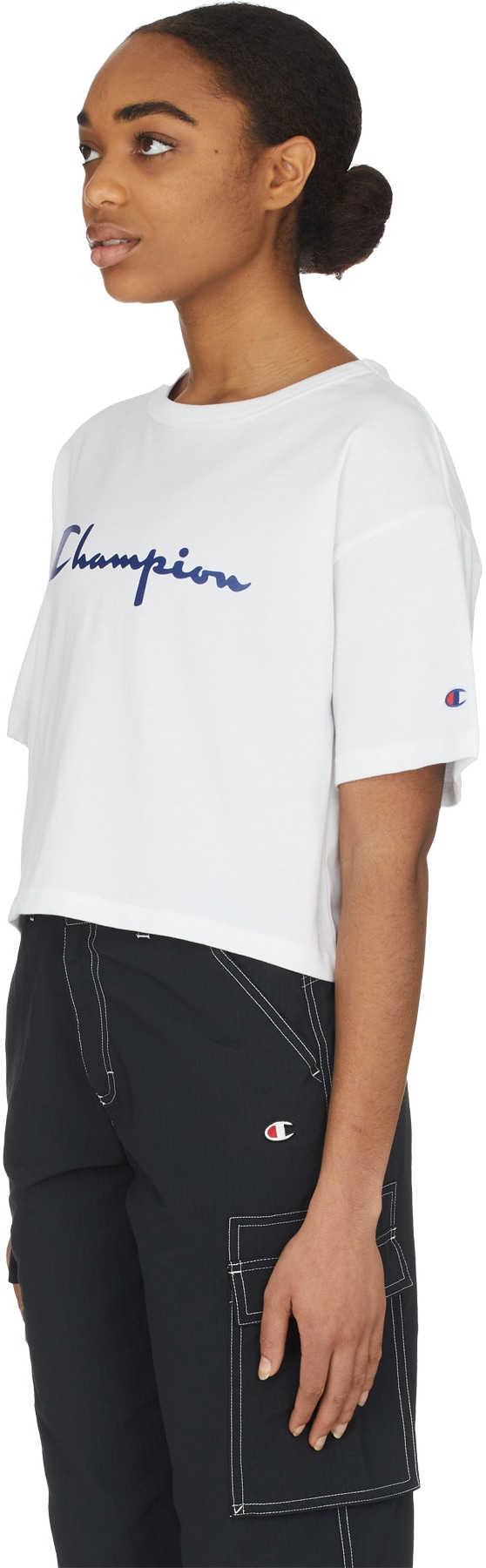 Champion: White Heritage Script Crop T-Shirt - 2