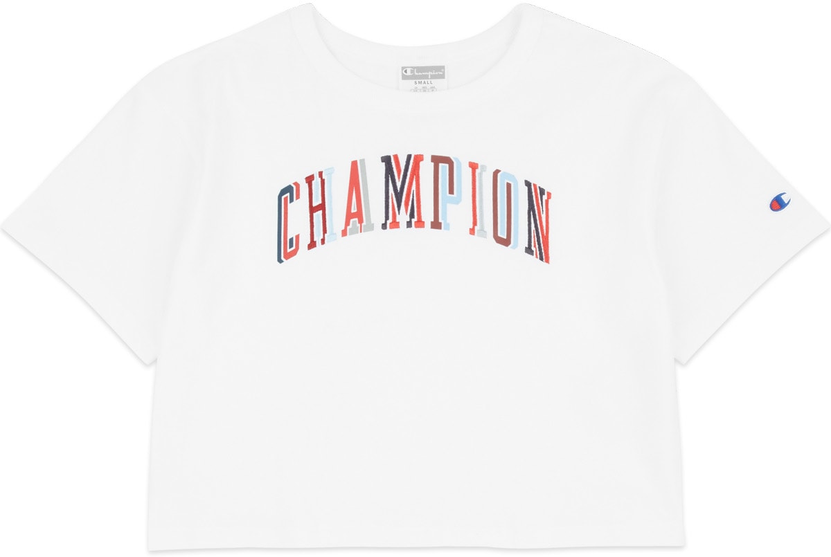Champion: White Heritage Script Crop T-Shirt - 1