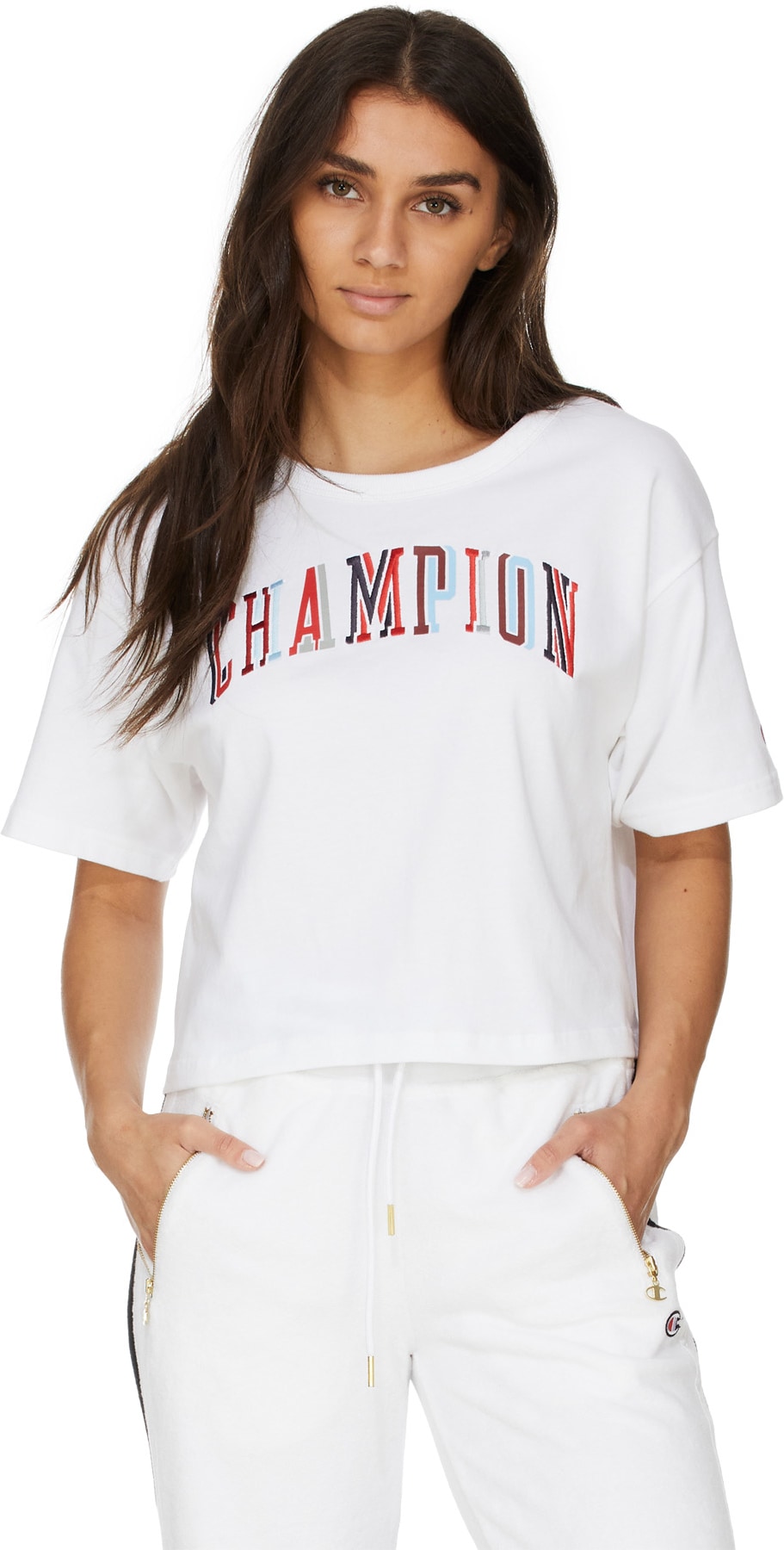 Champion: White Heritage Script Crop T-Shirt - 3