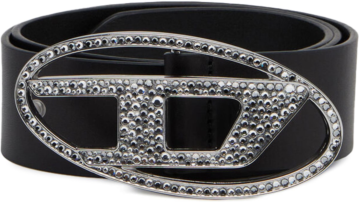 Diesel: Black 1DR Rhinestone Logo Leather Belt - 1